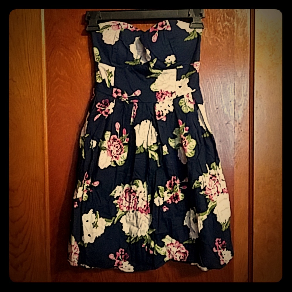 Blue Strapless Dress with flowers